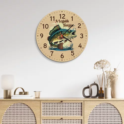 Fából készült falióra - A legjobb horgász 25 cm 