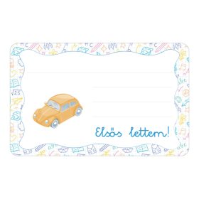   Samolepiaca brožúrková etiketa Žlté auto s nápisom materská škola