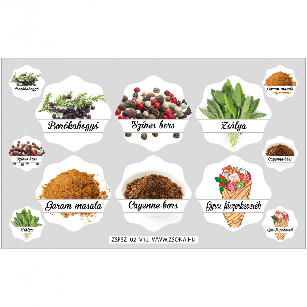 Formavágott fűszer cimke csomag öntapadós műanyag alapú V12
