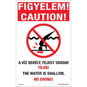  Figyelem A víz sekély, fejest ugrani tilos Öntapadós matrica 160x100 mm