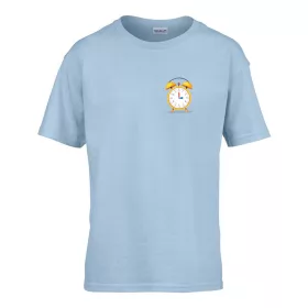   Detské tričko ceduľka škôlka so vzorom hodín Svetlomodrá 110 veľ