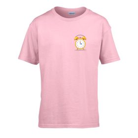   Detské tričko škôlka nápis so vzorom hodín Ružová 110 veľ