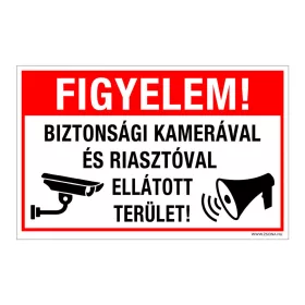   Figyelem! Biztonsági kamerával és riasztóval ellátott terület! Öntapadós matrica 160x100 mm