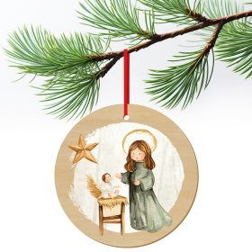   Karácsonyfa dísz fából nyomtatva Szűz Mária a kis Jézussal