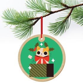 Karácsonyfa dísz fából nyomtatva Cica a dobozban